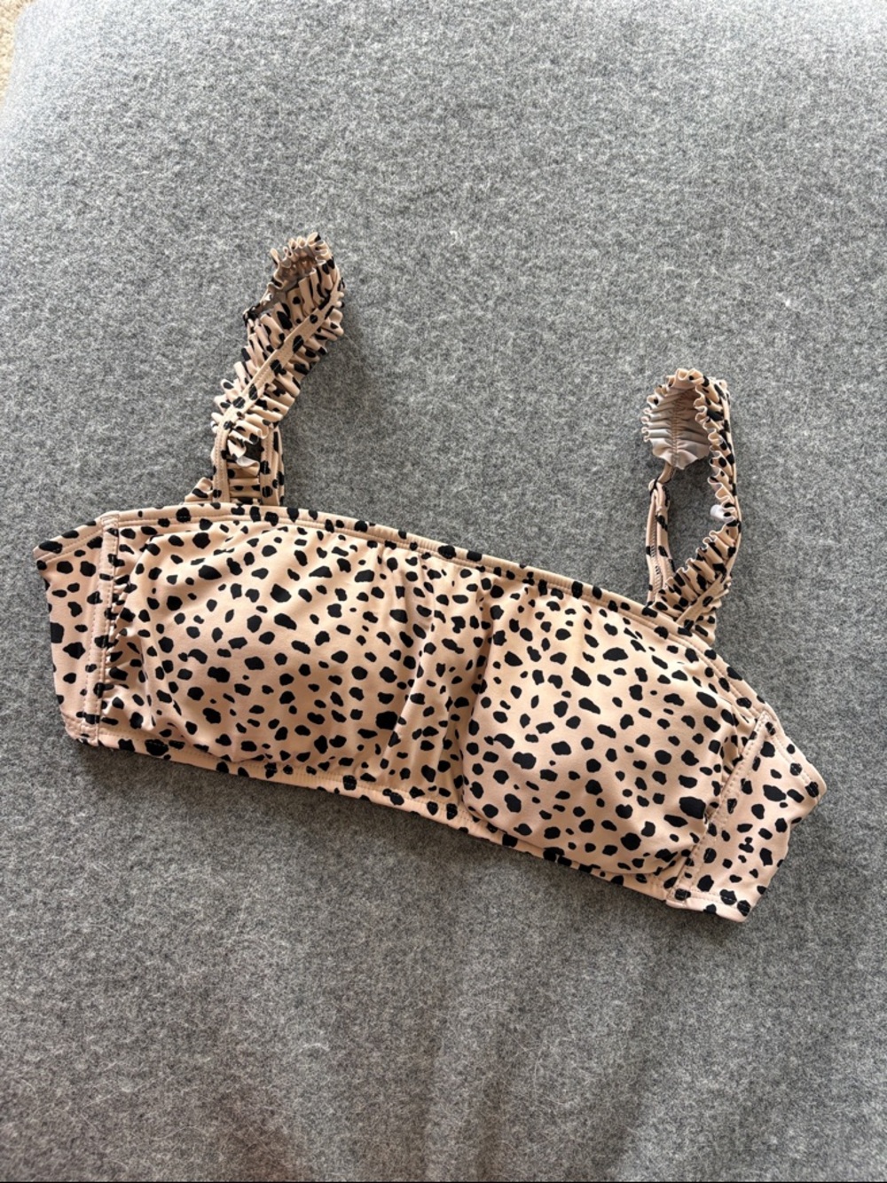 Kona Sol Beige and Black Leopard Print Ruffled Strap Bikini Top